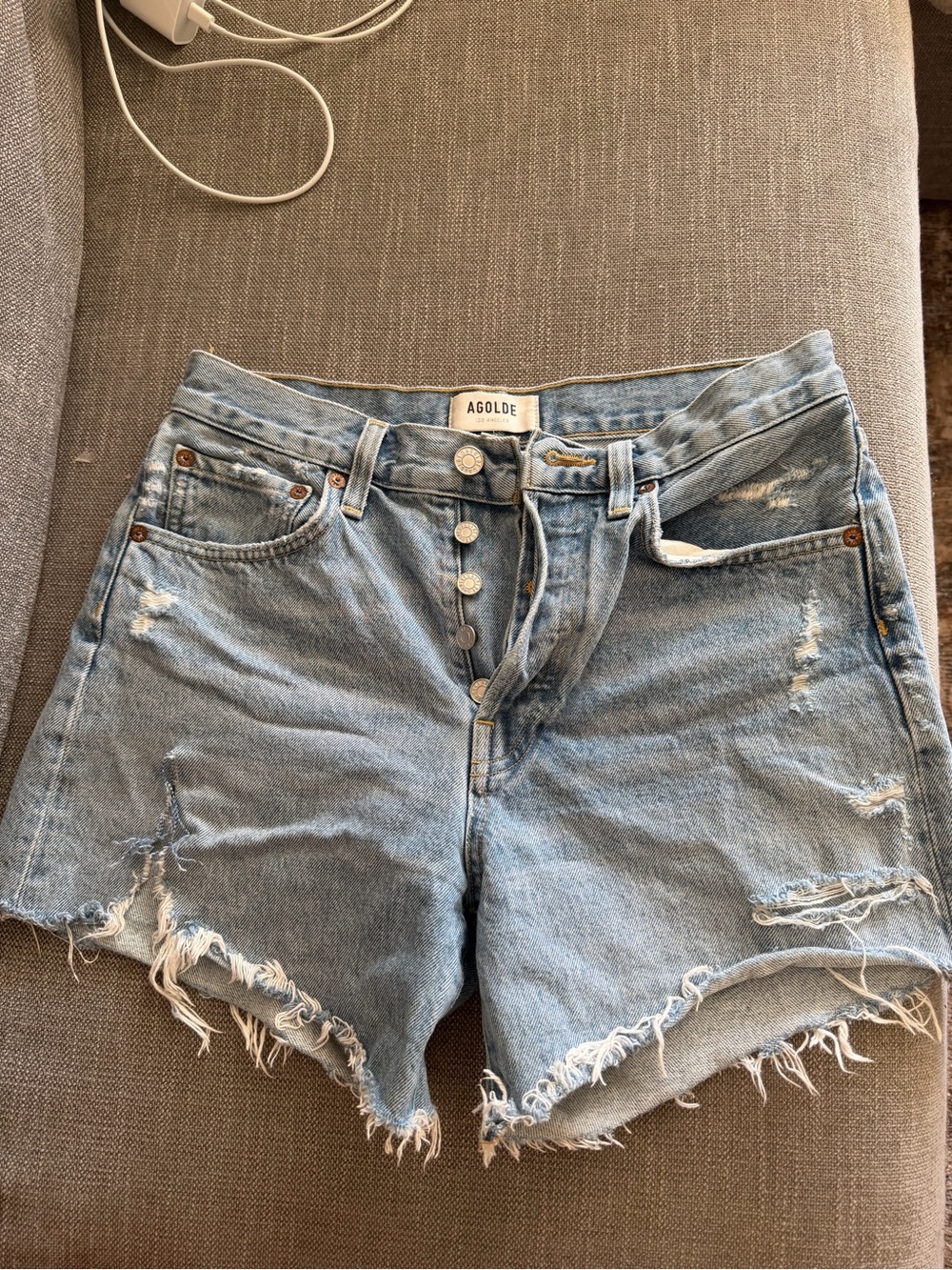 Agolde Parker Long Light Blue Distressed High-Rise Denim Shorts
